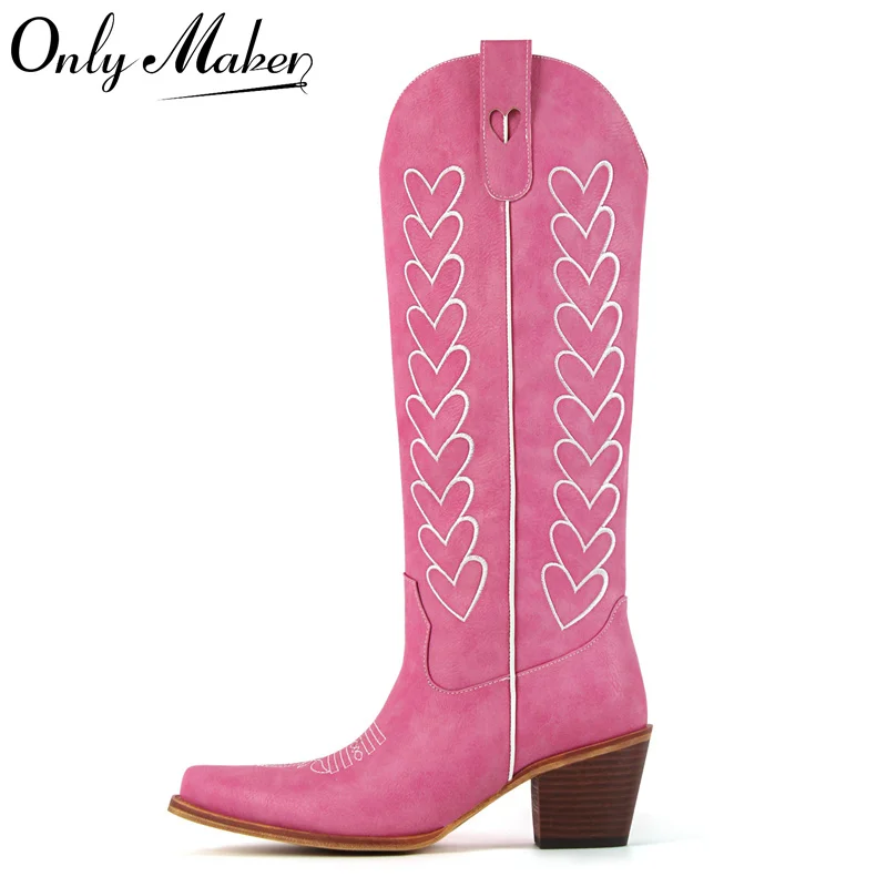 

Onlymaker Women Pointed Toe Pull-on Knee High Cowgirl Boots with Big Size Comfy Female Cowboy Boots