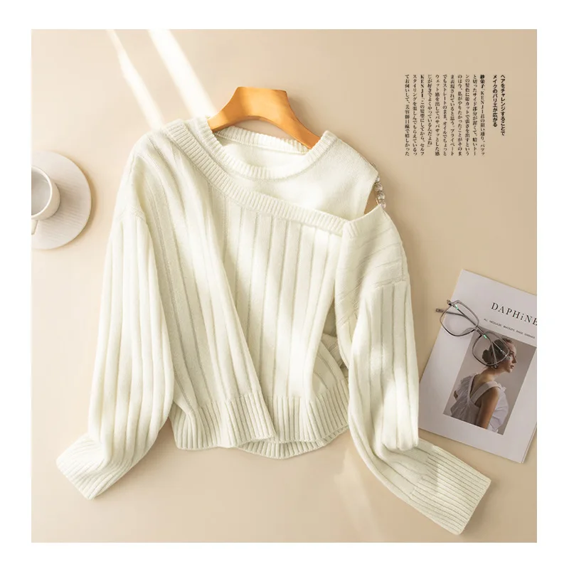 designer hollow wool sweater fashion top women pullover womens winter thick korean clothing oversized striped jumper sexy ladies