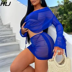 HLJ Fashion Mesh Perspective Bandage Drawstring Two Piece Sets Women Deep V Long Sleeve Backless Tops And Mini Skirts Outfits