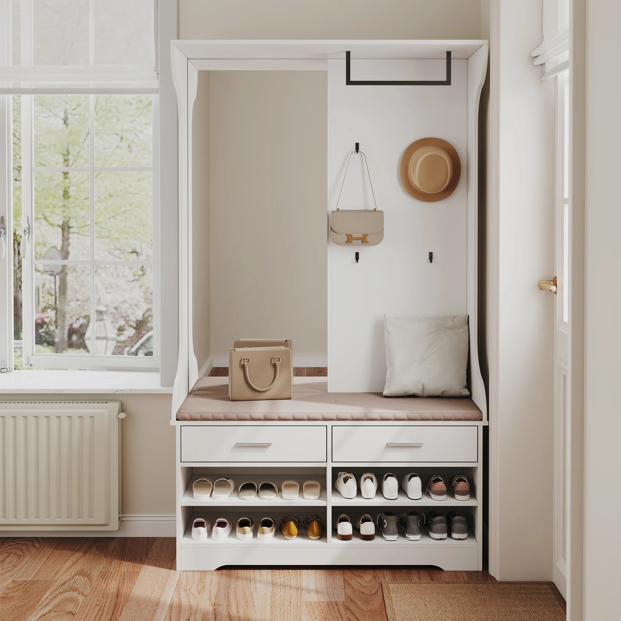 Ankleidezimmer mit Spiegel, Schuhschrank, Garderobe mit Haken, Wandgarderobe, kompakt
