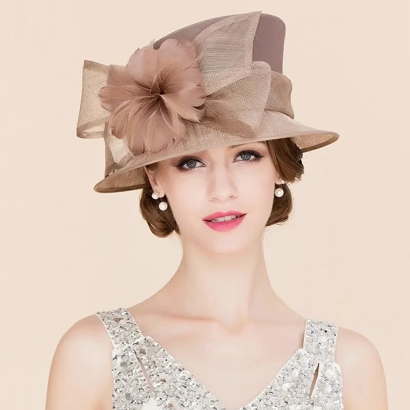 Kobiety eleganckie lniane kapelusze ślubne szerokie rondo kobiety brązowe letnie kwiatowe czapki z piór Kentucky Derby panie formalne kapelusz typu Fedora B-8147 — zdjęcie 2