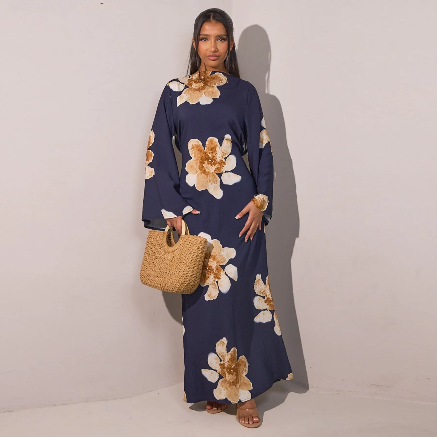 Tie Up Printed Corset with Stand Collar a Line Silhouette Long Sleeve Office Style Elegant Business Women Casual Long Dress