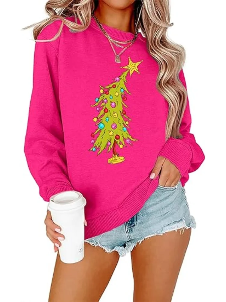 سويت شيرت أبيض لعيد الميلاد للنساء، سويت شيرت شجرة عيد الميلاد، سويت شيرت لعطلة عيد الميلاد، رسومات مضحكة