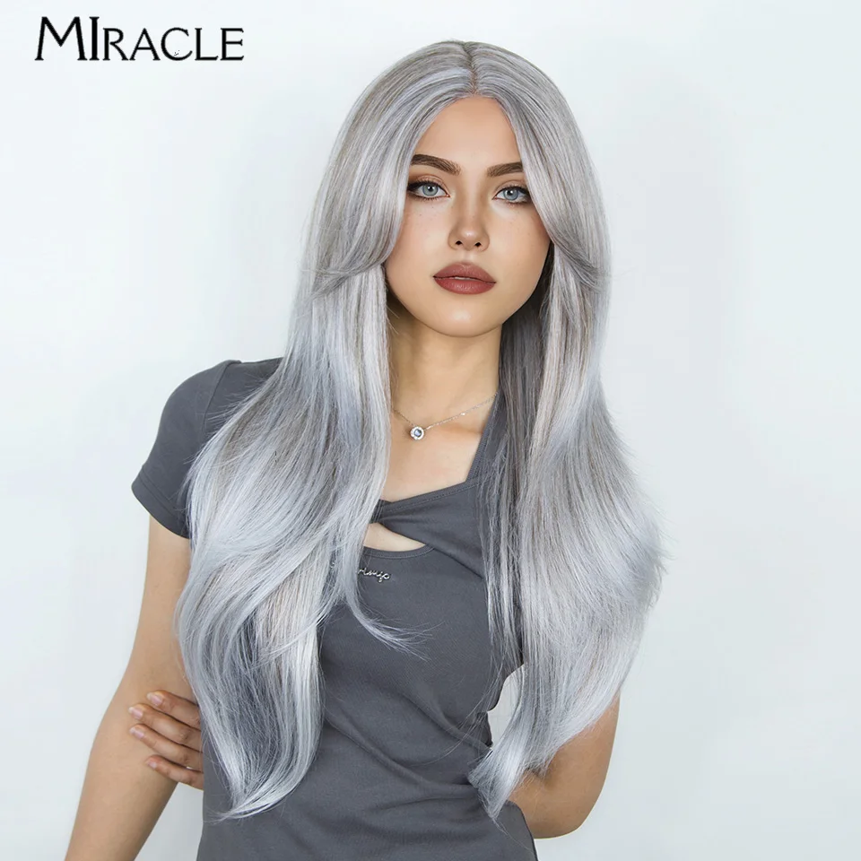 

MIRACLE Straight Lace Wig Cosplay Synthetic Lace Front Wig for Women 26 Inch Ombre Red Blonde Wig With Bangs Female Fake Hair