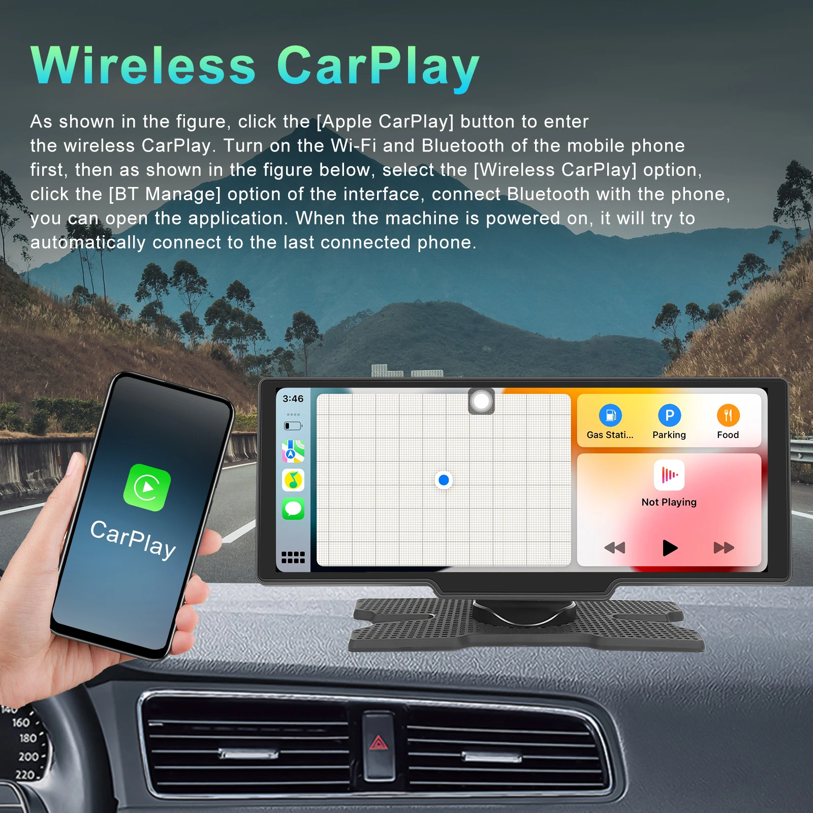 Podofo Wireless Carplay لوحة القيادة الرقمية المحمولة Android Auto 10.26 بوصة مشغل ذكي مع التحكم الصوتي 1080P BT TF