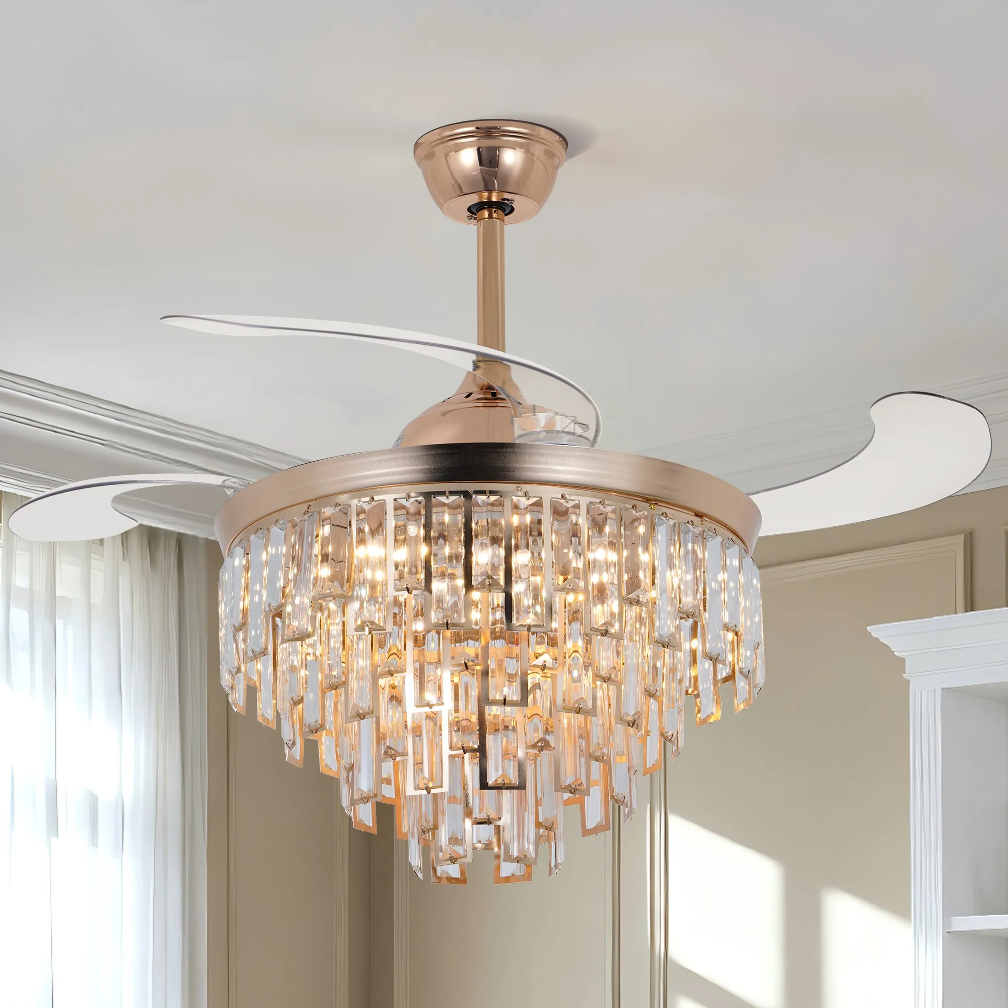 

42-дюймовый роскошный потолочный вентилятор с золотым кристаллом и подсветкой и пультом дистанционного управления, подходящий для столовых и гостиных.