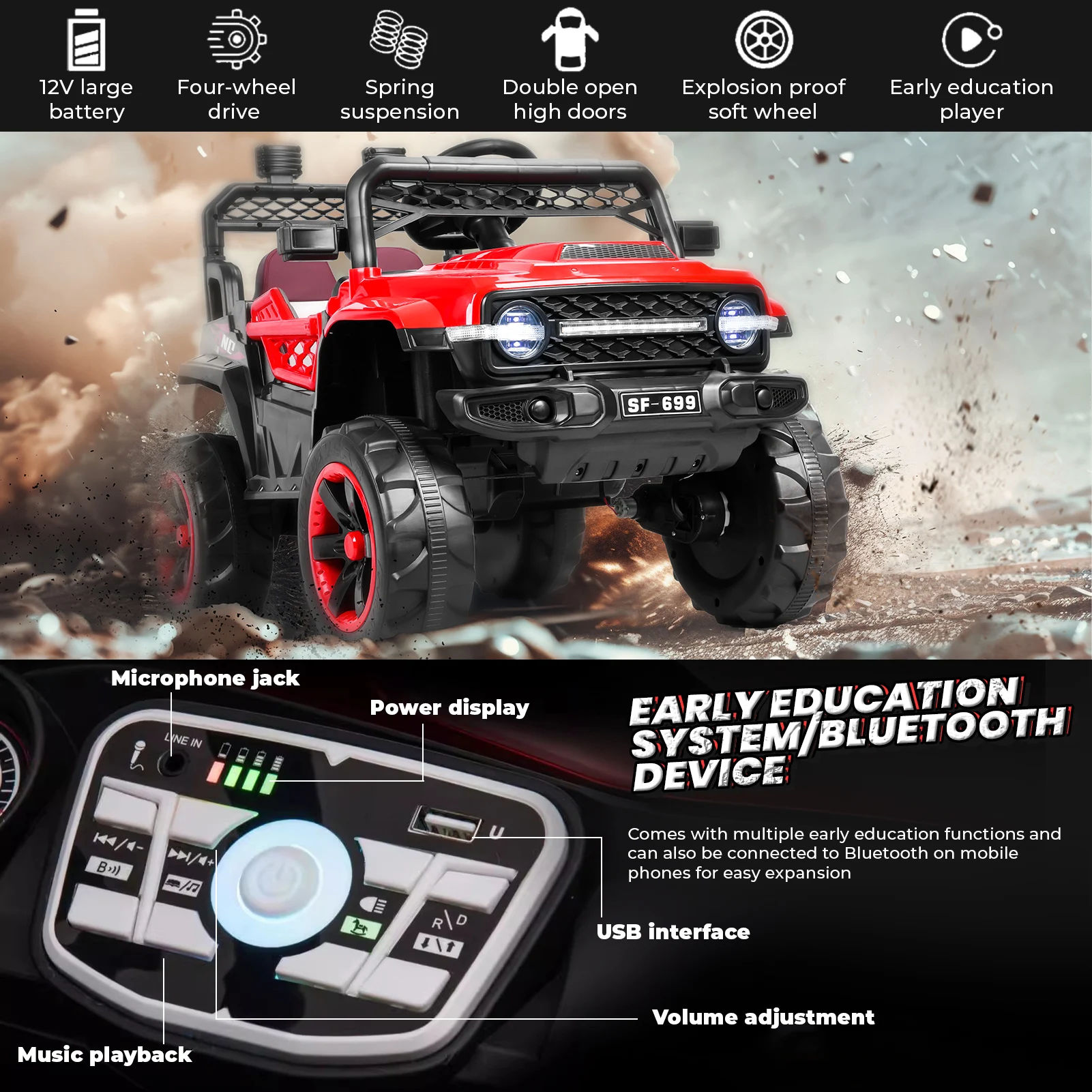 Vehículo ATV de 12V para niños, coche de juguete 4WD de 2 asientos, lado a lado, coche de juego ATV, coche eléctrico todoterreno, velocidad máxima de 3,5 MPH