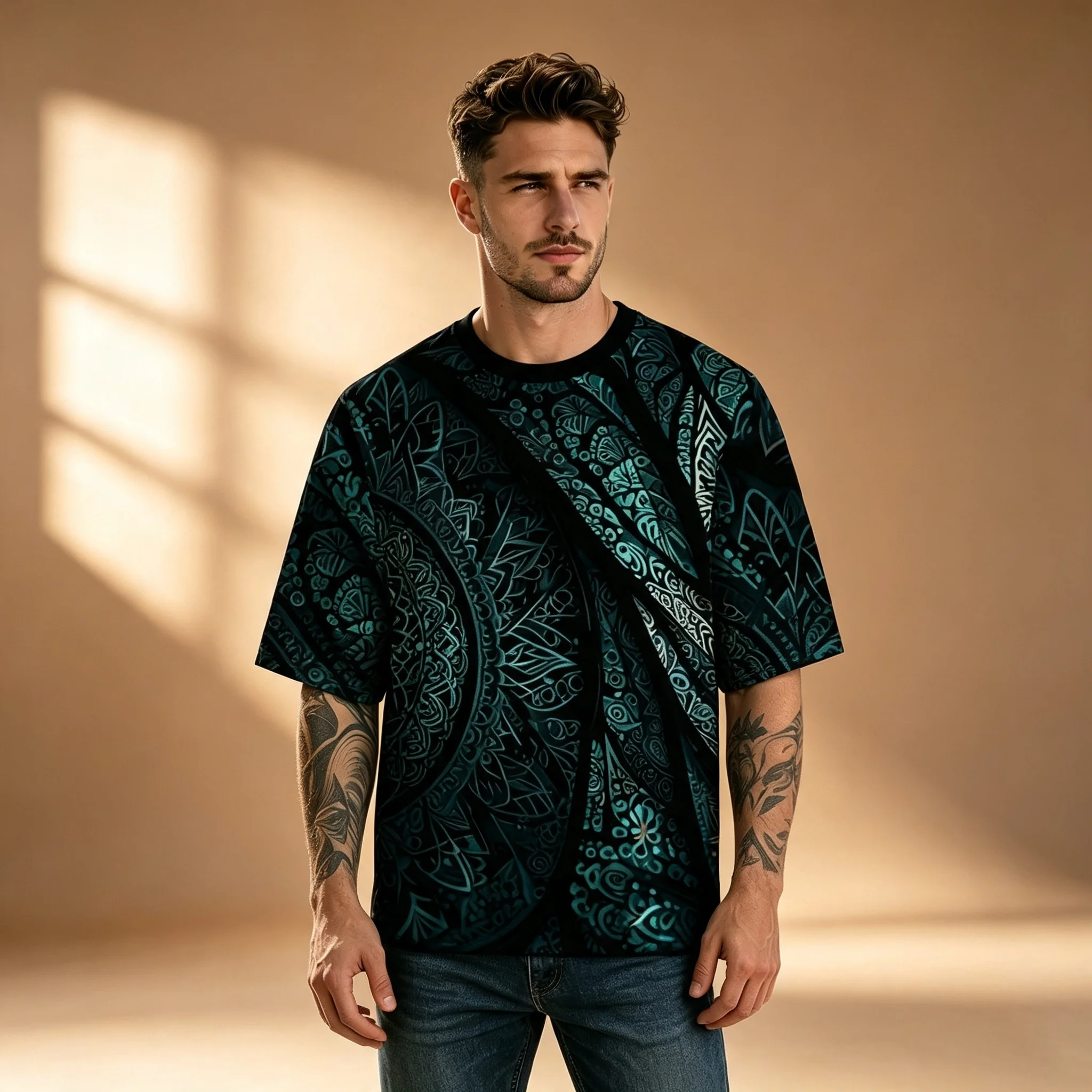 3D All Over Print Bohemian Mandala T-shirt For Men Black Teal Geometric Short Sleeve Loose Casual Streetwear Summer Tee
