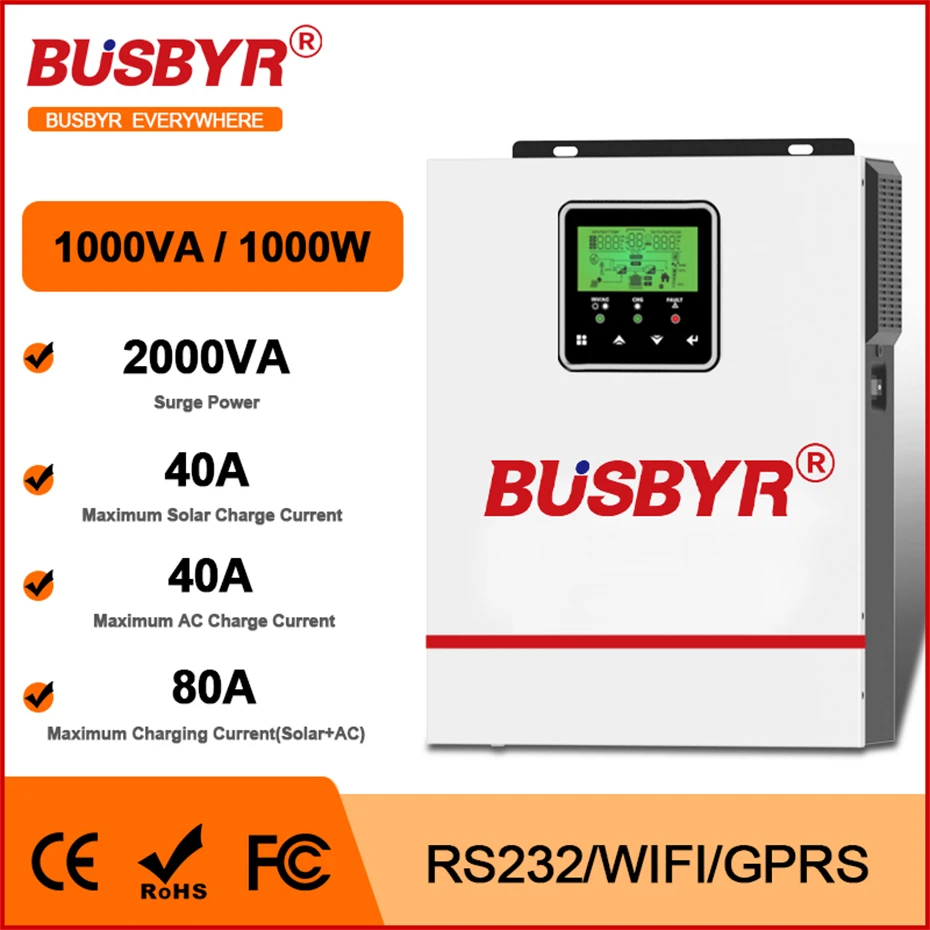 BUSBYR  1KW 1000W Hybrid Solar inverter 12V 220V Pure Sine Wave Hybrid inverter MPPT 80A Solar Charge Controller Max PV 150VDC