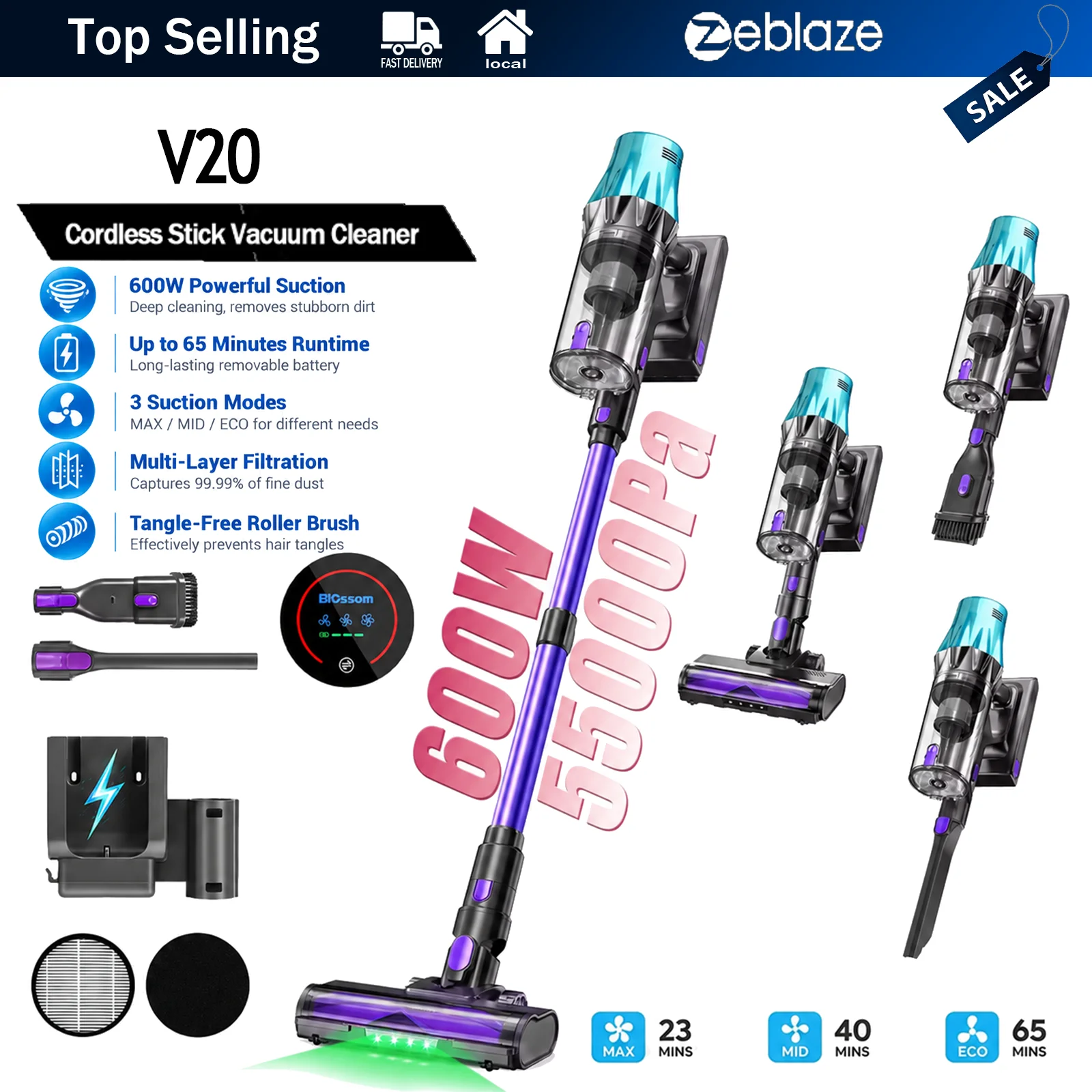Aspiradora inalámbrica BLOSSOM V20, 600 W, 55000 Pa, con gran potencia de succión, diseño tipo varilla, hasta 65 minutos de autonomía