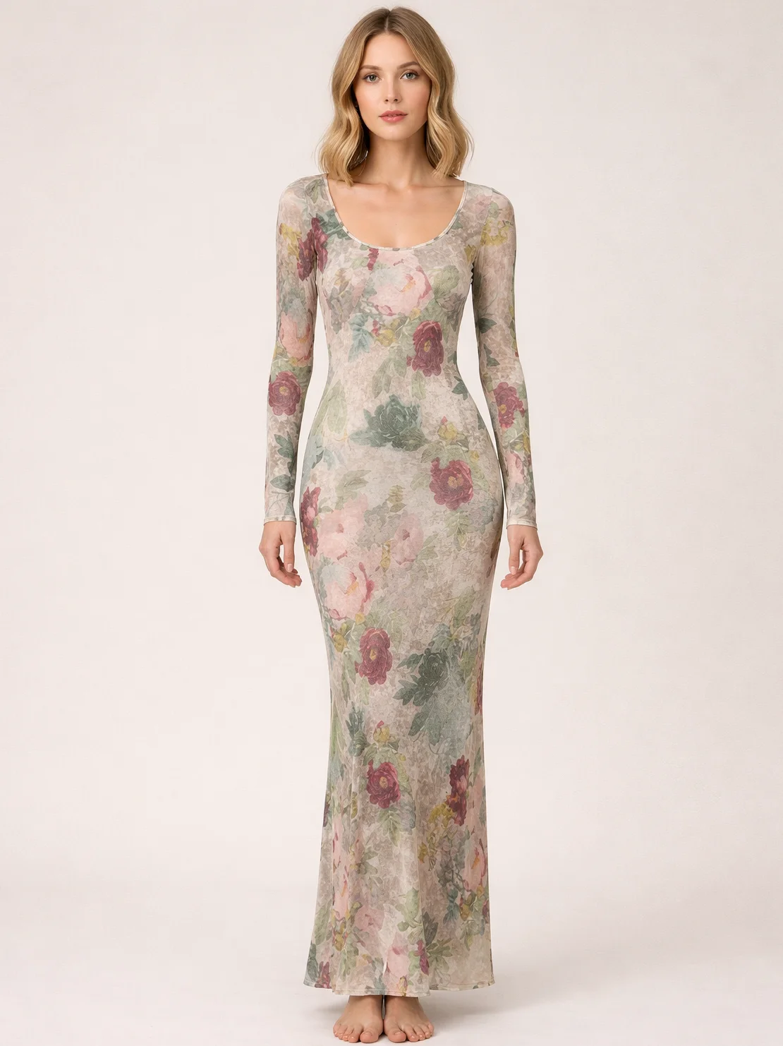 

100% Real Silk Vintage Floral Print Mesh Maxi Dress Women's Long Sleeve U Neck Slim Fit Party Dress