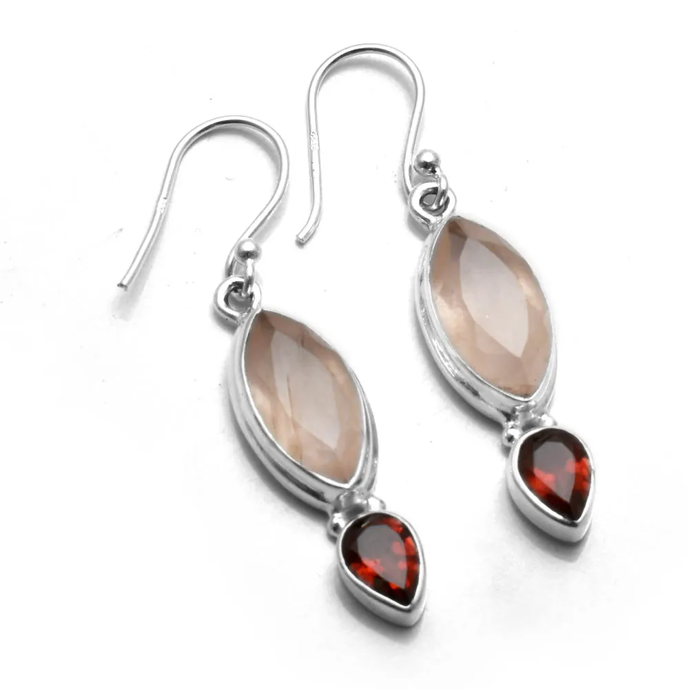 Genuine  Rose Quartz  + Garnet EARRINGS 925 Sterling Silver, 45 mm, AE2885