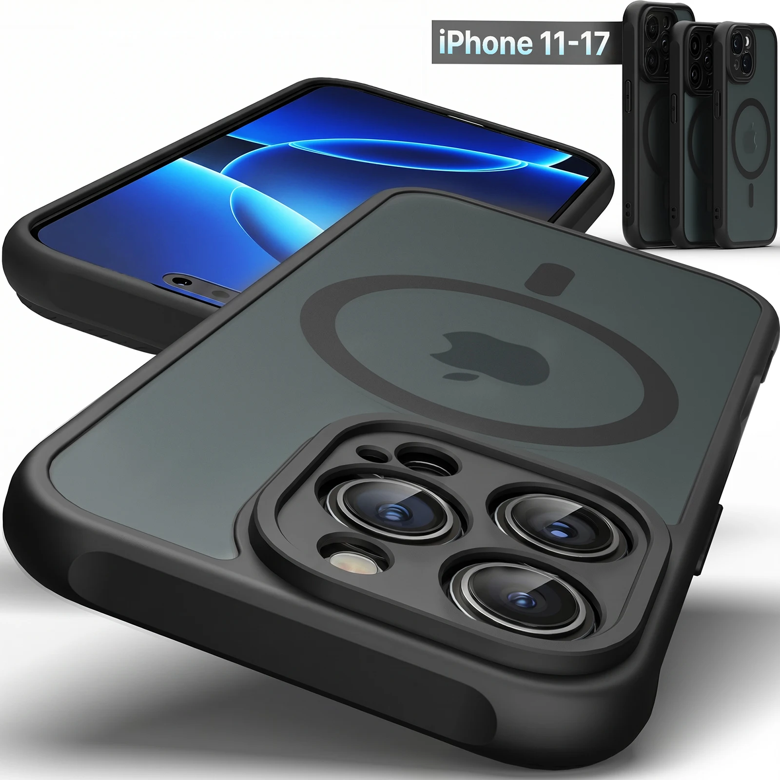 Hülle für iPhone 17 16 15 14 13 12 Pro Max Air für MagSafe Matt Schwarz Magnetisch | Handliche magnetische Schutzhülle mit mattiertem Ring