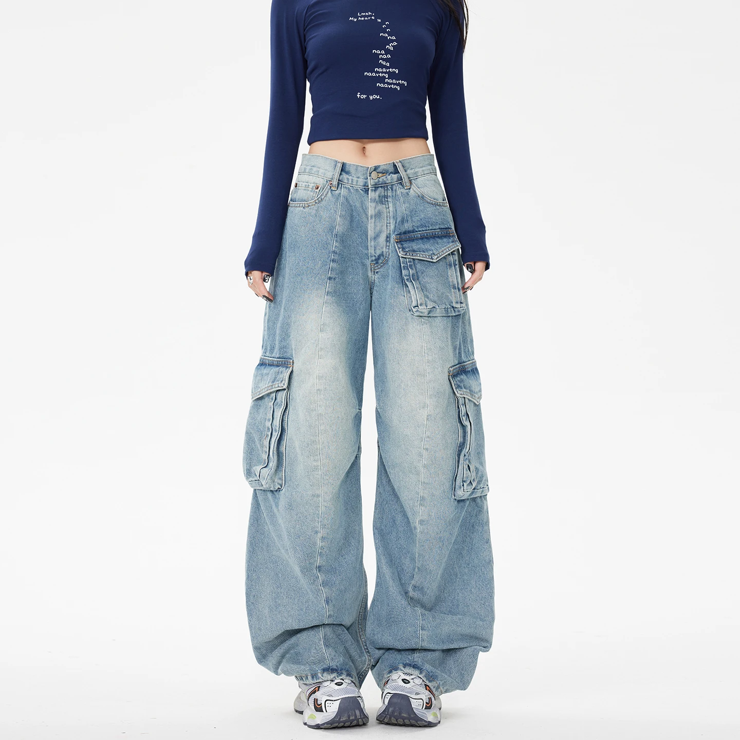 

Женские синие джинсы с карманами в стиле ретро Y2k, американские асимметричные уличные свободные широкие рабочие джинсы в стиле хип-хоп, 2025, модные женские брюки