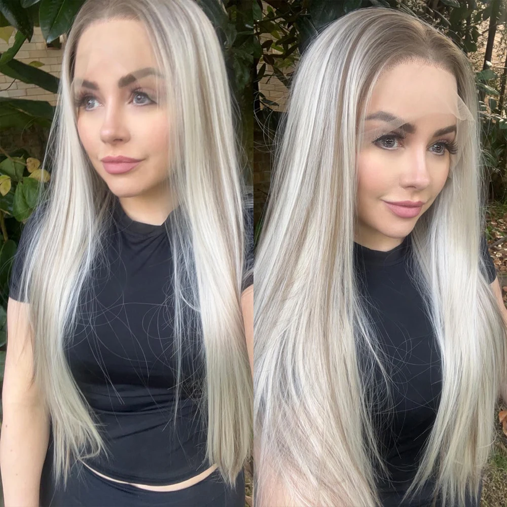 Heat Safe Synthetic Fiber Ash Roots Straight Lace Front Wig Platinum Grey Highlights Wig HD Lace Perfect Quality for Daily Use