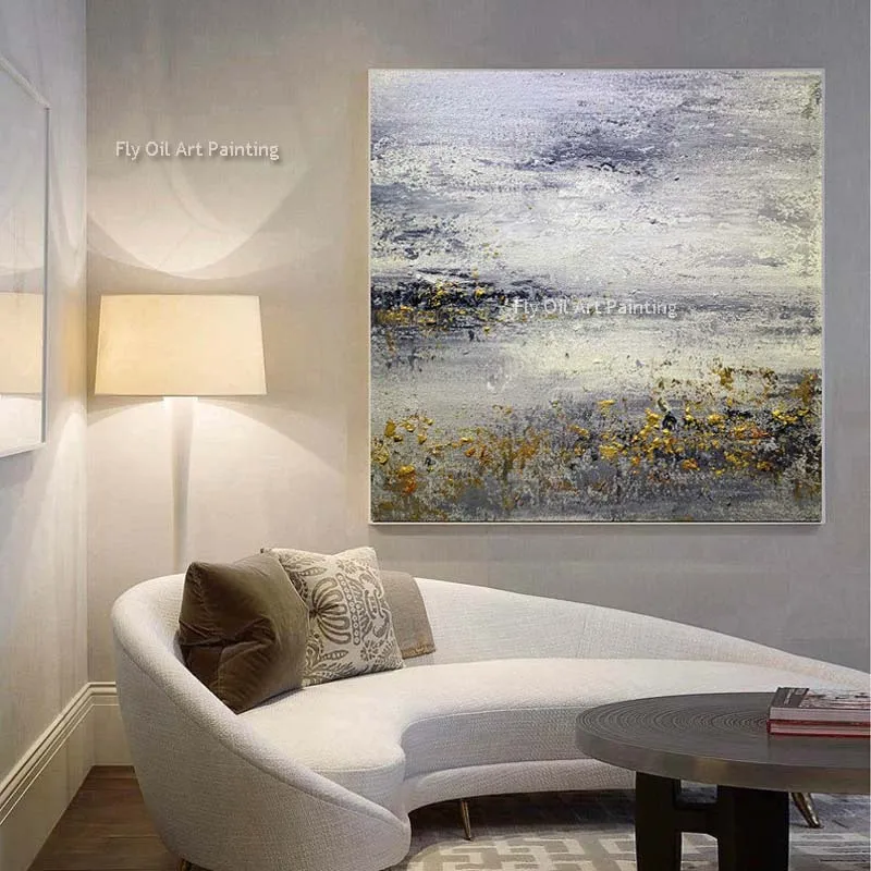 Modern Gray White Blue Abstract Oil Painting Large Original Gold Foil Canvas Painting Handmade Oversized Abstract Painting