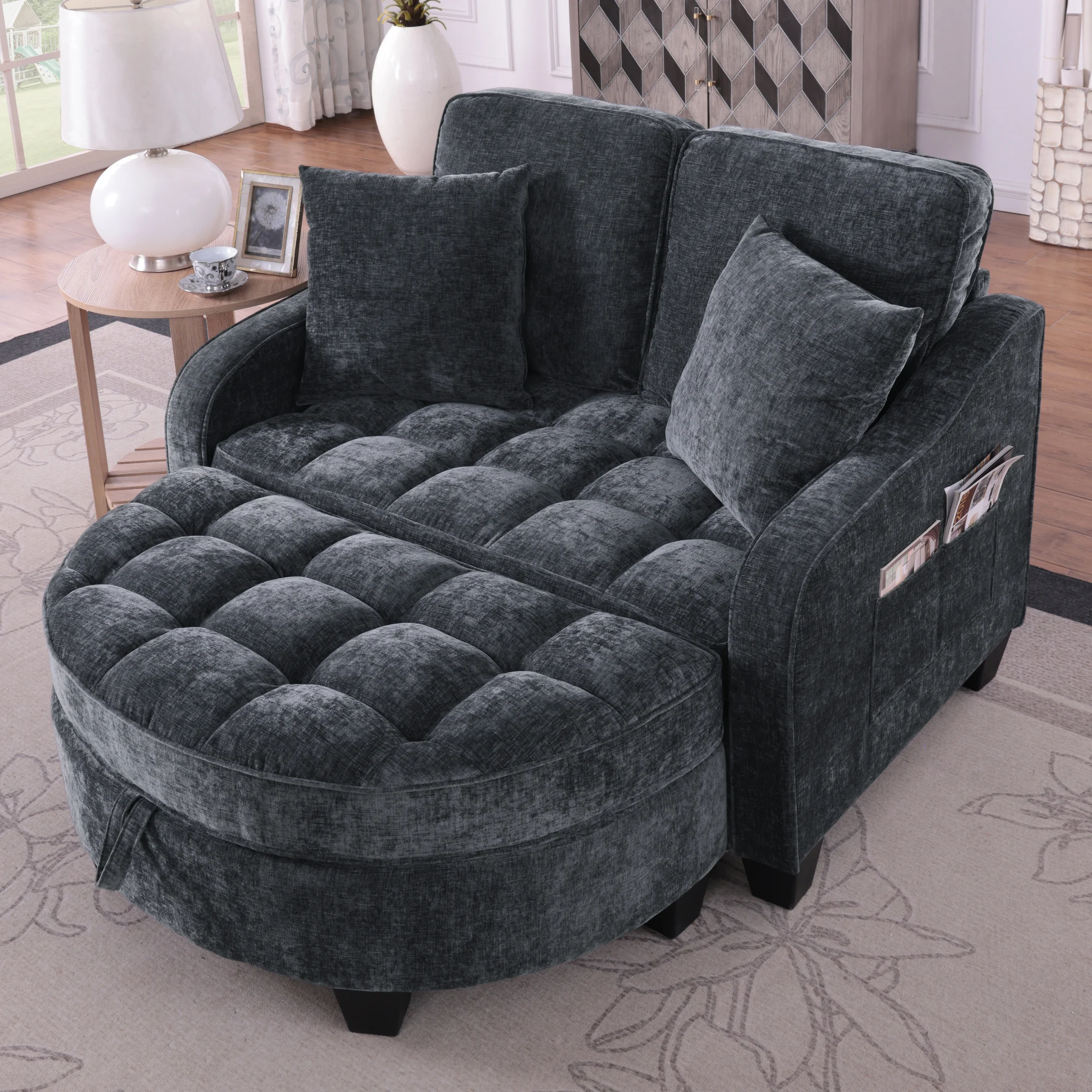 2‑in‑1 Multifunktionales Sofa-Bett mit Aufbewahrungshocker, aus umweltfreundlichem Eukalyptusholz, atmungsaktiver Chenille‑Bezug – verwandelbar in Bett & Chaiselongue – Schwarz