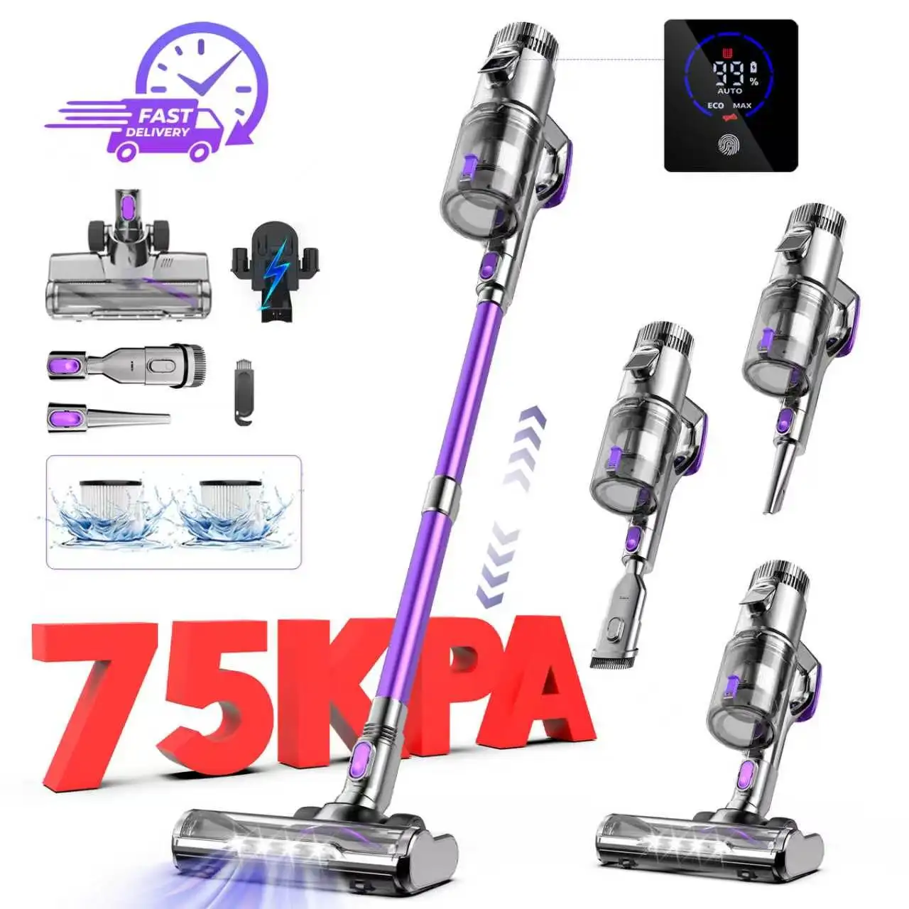 Aspirateur sans fil, aspirateur à bâton 500W/60min, tête de brosse Anti-emmêlement, affichage LED, HEPA * 2, charge murale puissante