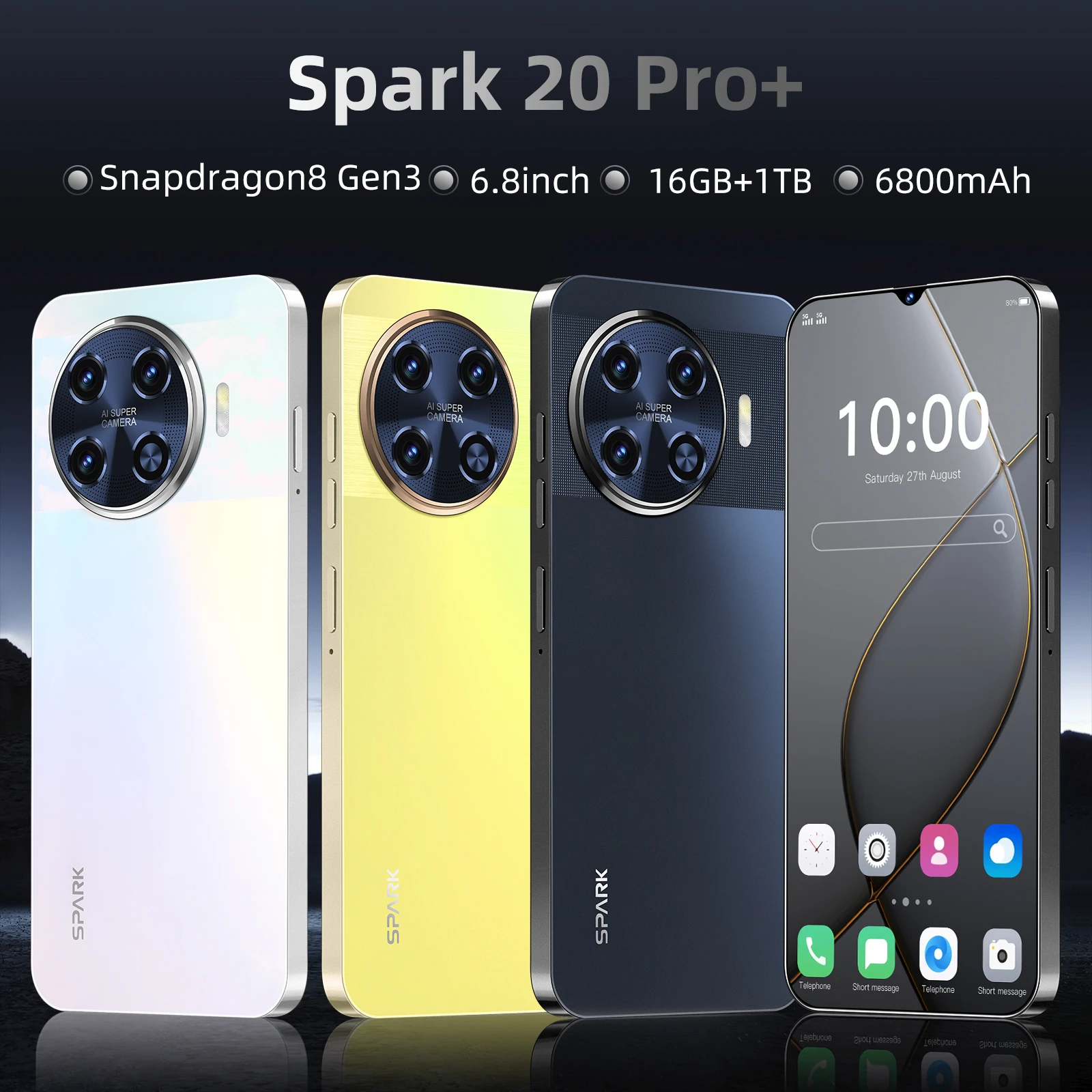 2024 NEW Mobile phone Sprak 20 Pro+ 5G Dual SIM Cell Phone 6.8 inch Smartphone Android 14 6800mAh Battery 108MP Camera Original