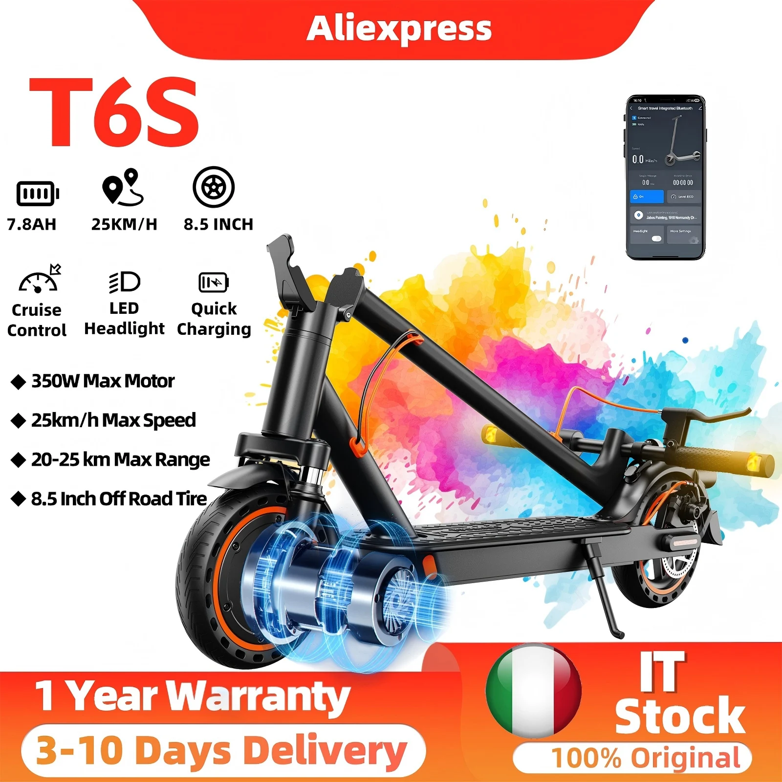 Trottinette électrique adulte T6S, amortisseurs, 30 km d'autonomie, moteur 350W, vitesse 25 km/h, batterie 36V 10.4Ah, clignotants, antivol