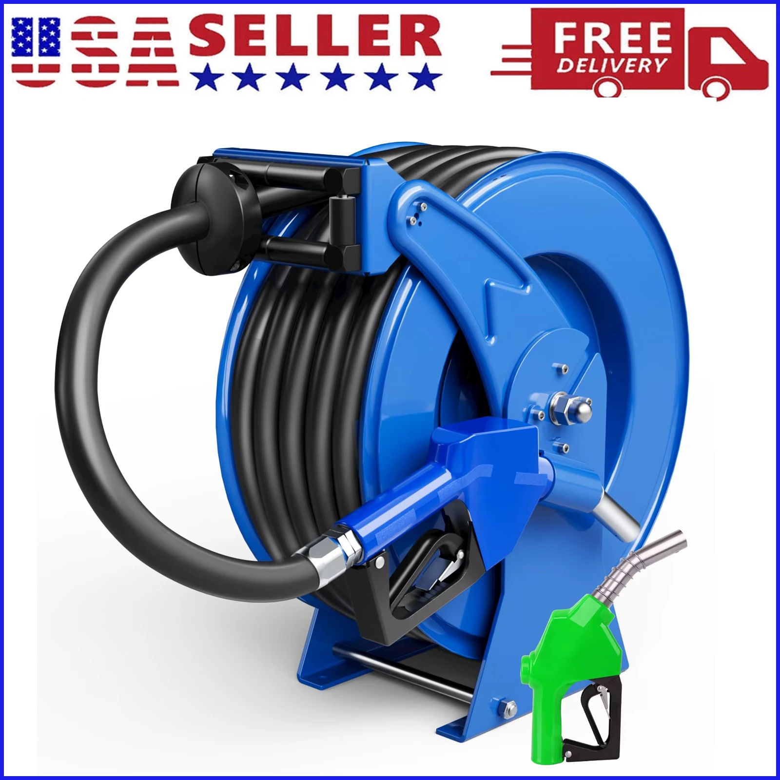 

Топливный шланг-катушка для дизельного топлива, выдвижной, 3/4" x 50 футов, с автоматическим пистолетом-распылителем, пружинным механизмом намотки, 300 фунтов на кв. дюйм, промышленный, сверхмощный, стальной, синий