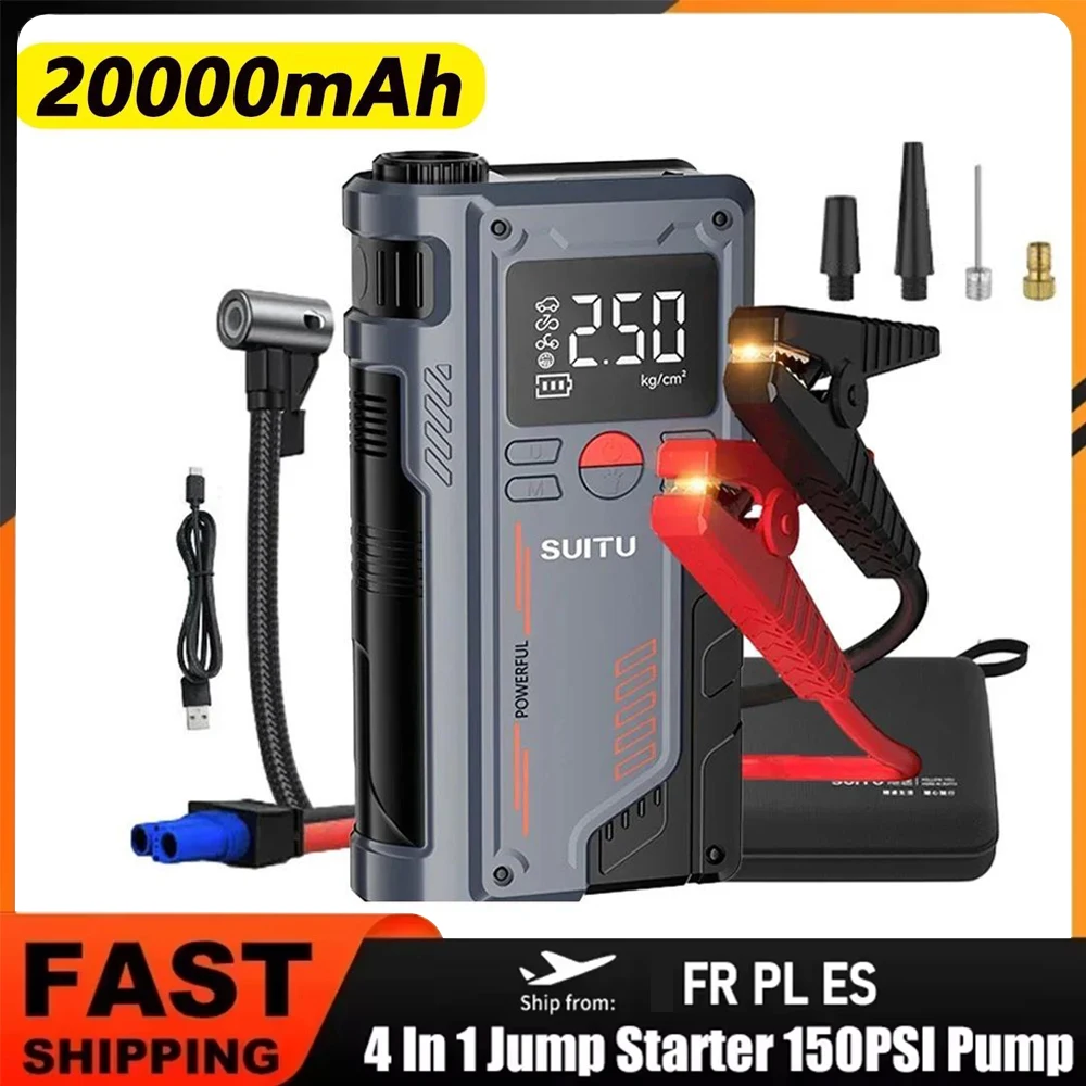 4 in 1 Car Jump Starter Air Pump 150PSI Air Compressor 20000mAh Peak Current 1000A Starter Device Digital Tire Inflat