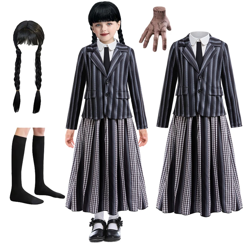 

Wednesday Cosplay Costumes halloween costume Girls Striped Suit Skirt Set Fashionable preppy suit 2026 New children's clothing
