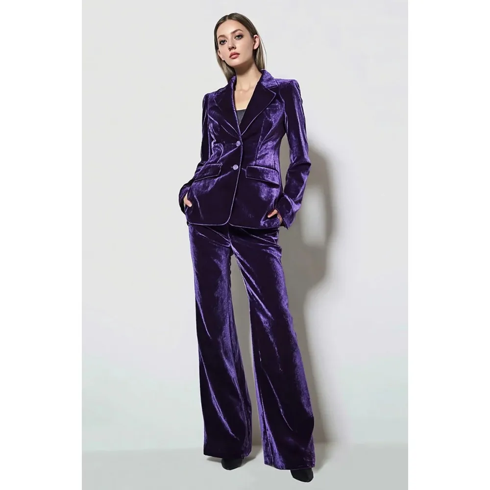 

Velvet Women’s Suit Set, Purple Blazer with Lapel Collar & Wide-Leg Pants, Elegant Evening Outfit