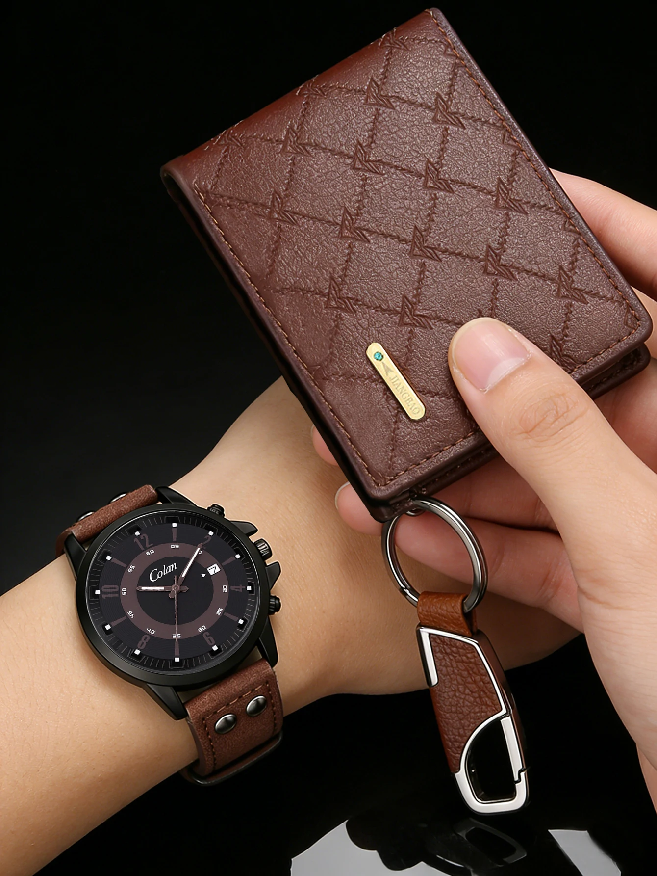 Men's PU Leather Quartz Watch Set with Keychain Wallet Calendar Function Daily Elegant Watch Perfect Gift for Holidays Birthdays