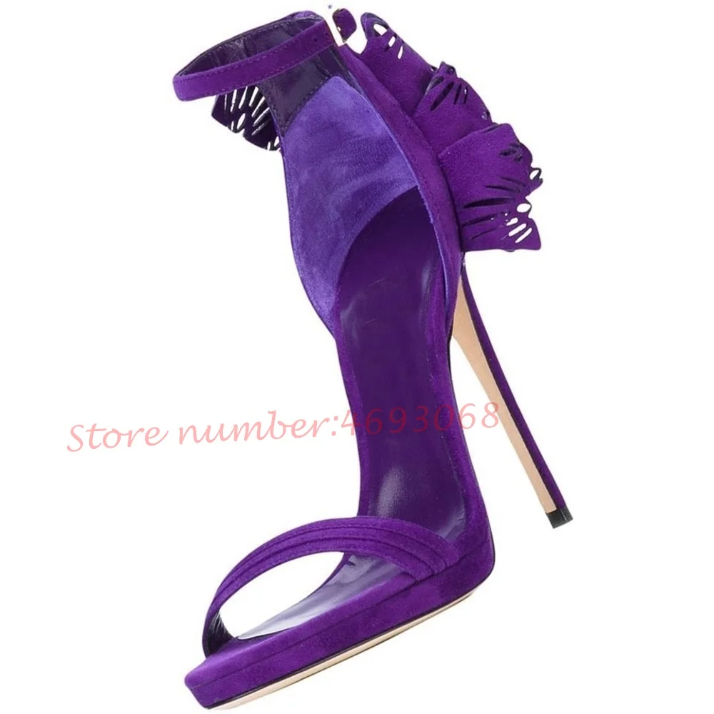 Purple Ruffles Suede Sandals Women Cover Heel Party Ankle Wrap Sandals Summer Flower Peep Toe High Stiletto Heel Elegant Sandals