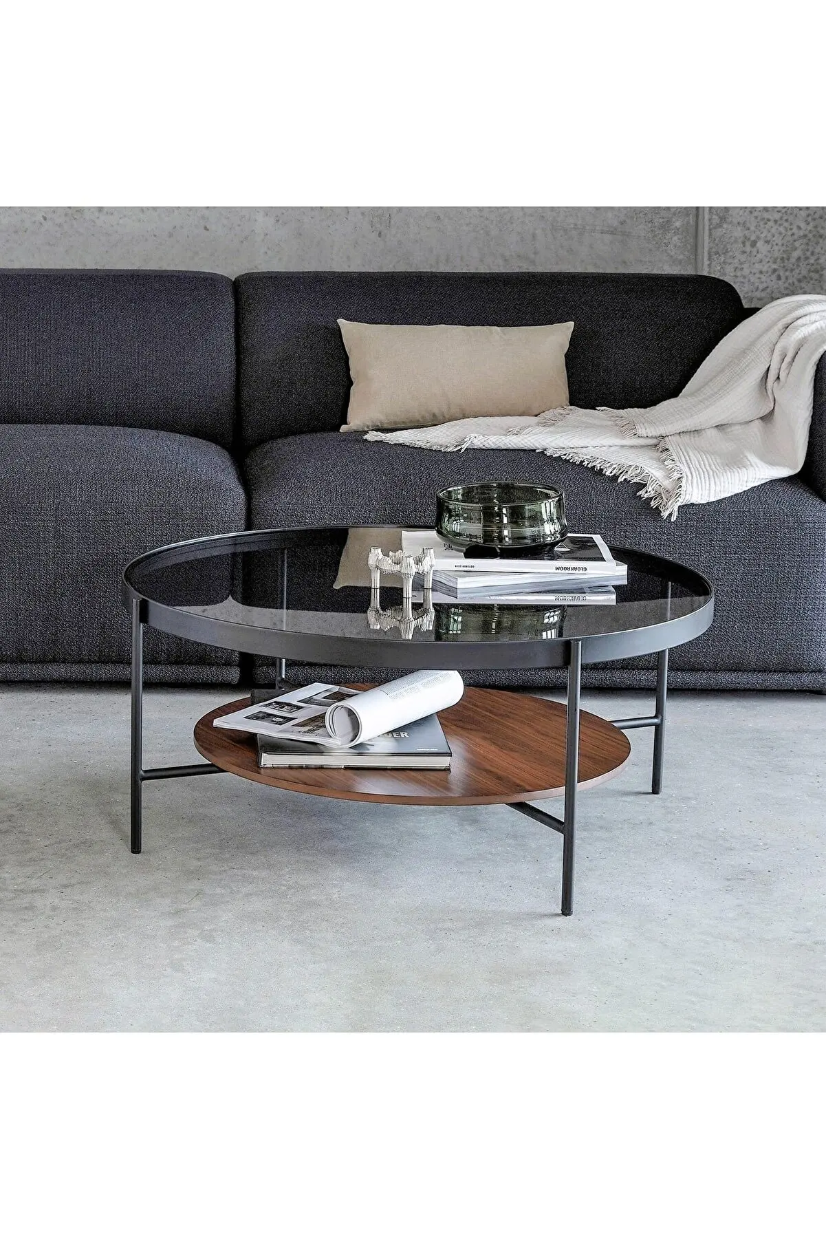 TWO FLOOR COFFEE TABLE BLACK METAL SMOKE AND TRANSPARENT GLASS WALNUT BLACK WHITE MDF MODERN DECORATIVE STYLISH DINING TABLE