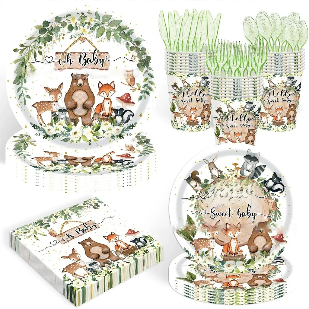 Vaisselle jetable thème animaux de la Jungle Oh bébé, cerf, renard, ours, animaux de la forêt, assiettes en papier Oh pour bébé, serviettes, fournitures de fête prénatale