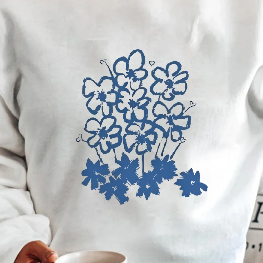 

Толстовка с синим цветком и ботаническим графическим дизайном, повседневная свободная толстовка с длинными рукавами, свежие модные уникальные удобные тканевые топы