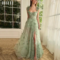 JEHETH Green Butterfly Tulle Prom Dress Spaghetti Straps Side Split Sweetheart Backless A Line Evening Graduation Party Gown