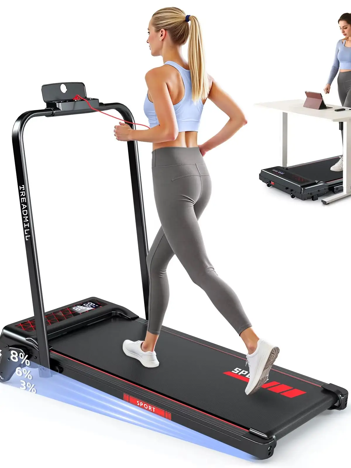 4-in-1 opvouwbare loopband met handmatige hellingsregeling, 2,25 pk piekvermogen, stille motor, loop- en hardloopmachine voor onder het bureau, geschikt voor thuisgebruik, snelheid van 1-12 km/u,