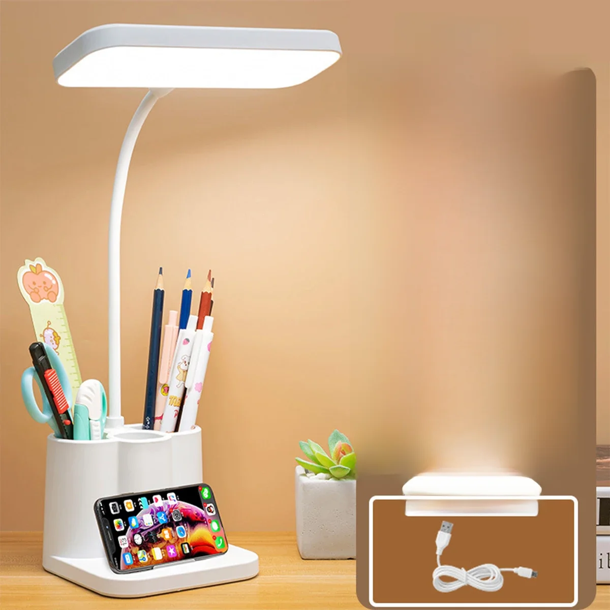 USB LED Eye Protection Table Lamp, Lâmpada de leitura do livro, luz noturna para o quarto,
