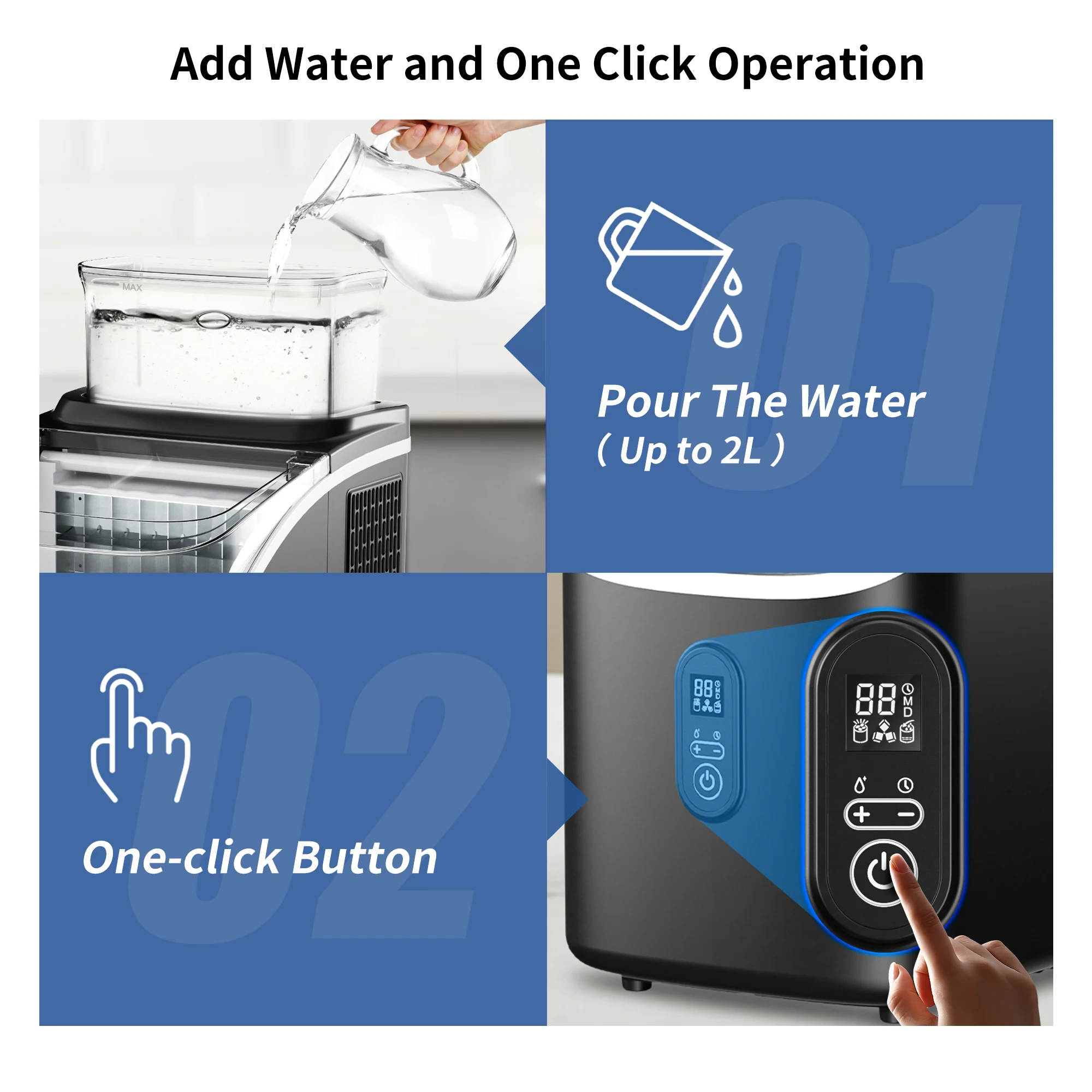 ICEGLEE Macchina per cubetti di ghiaccio con serbatoio dell'acqua esterno da 34 libbre, 16 pezzi pronti in 13 minuti, 2 modi per aggiungere acqua per la cucina domestica, l'ufficio