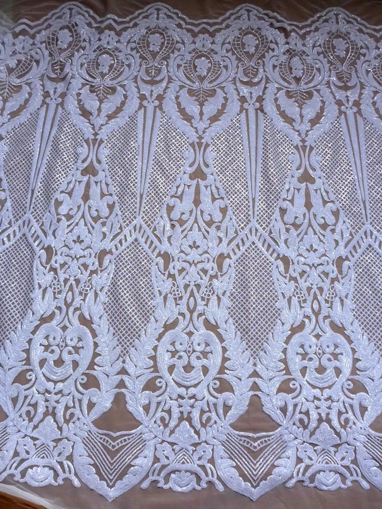HelluyerDc White,Wine sequins lace fabric,large patterns heavy embroidery for party prom dress fabric by the yard