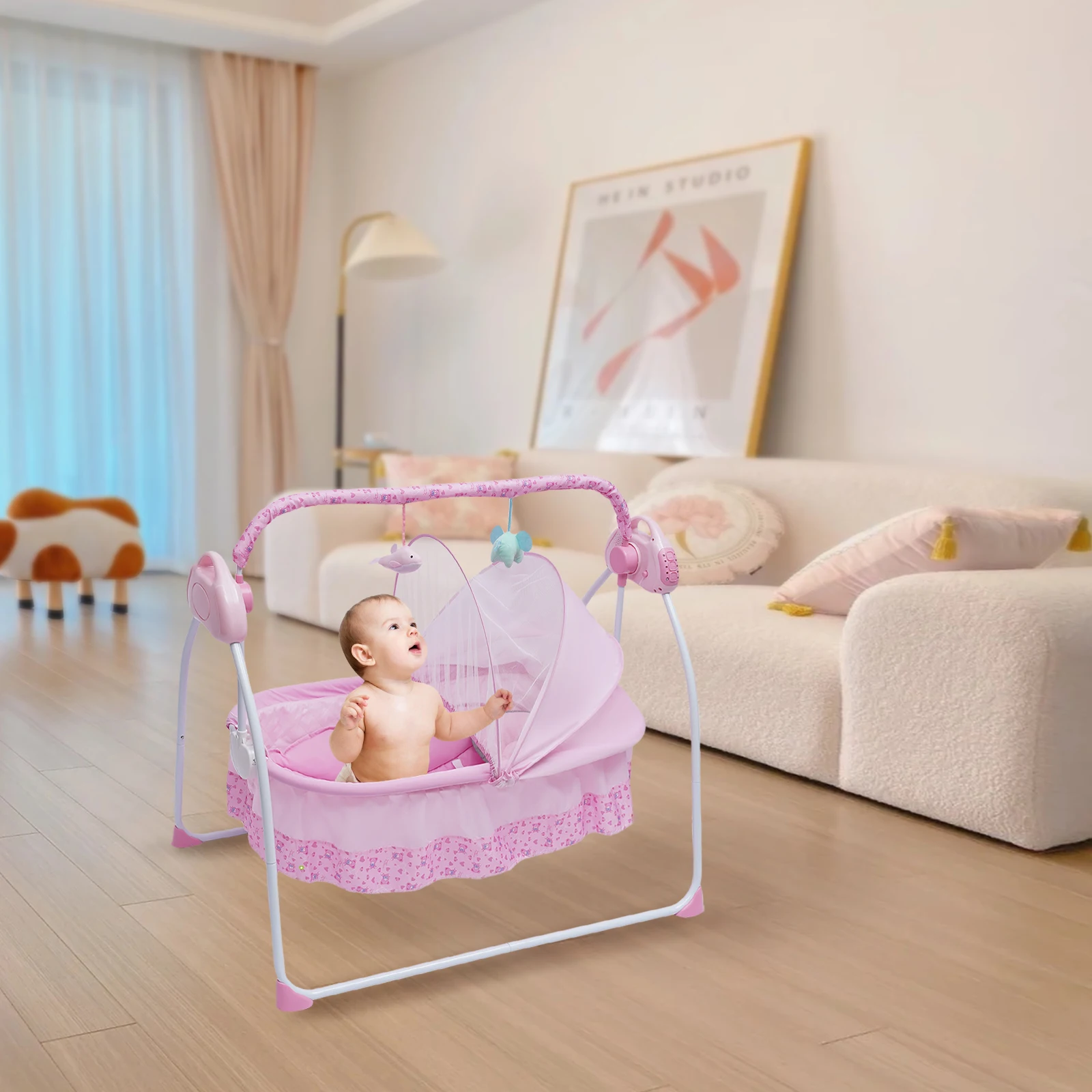 Auto-Swing Electric Baby Crib Cradle Newborn Bassinet Sleep Bed Infant Bluetooth With Mat Auditory Development Pink Toy Rack