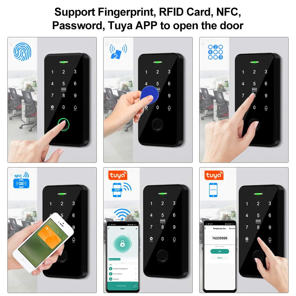 Bluetooth Tuya APP Door Access Control System Kit Waterproof RFID Keypad NFC Fingerprint, 180KG Electric Magnetic Strike Locks