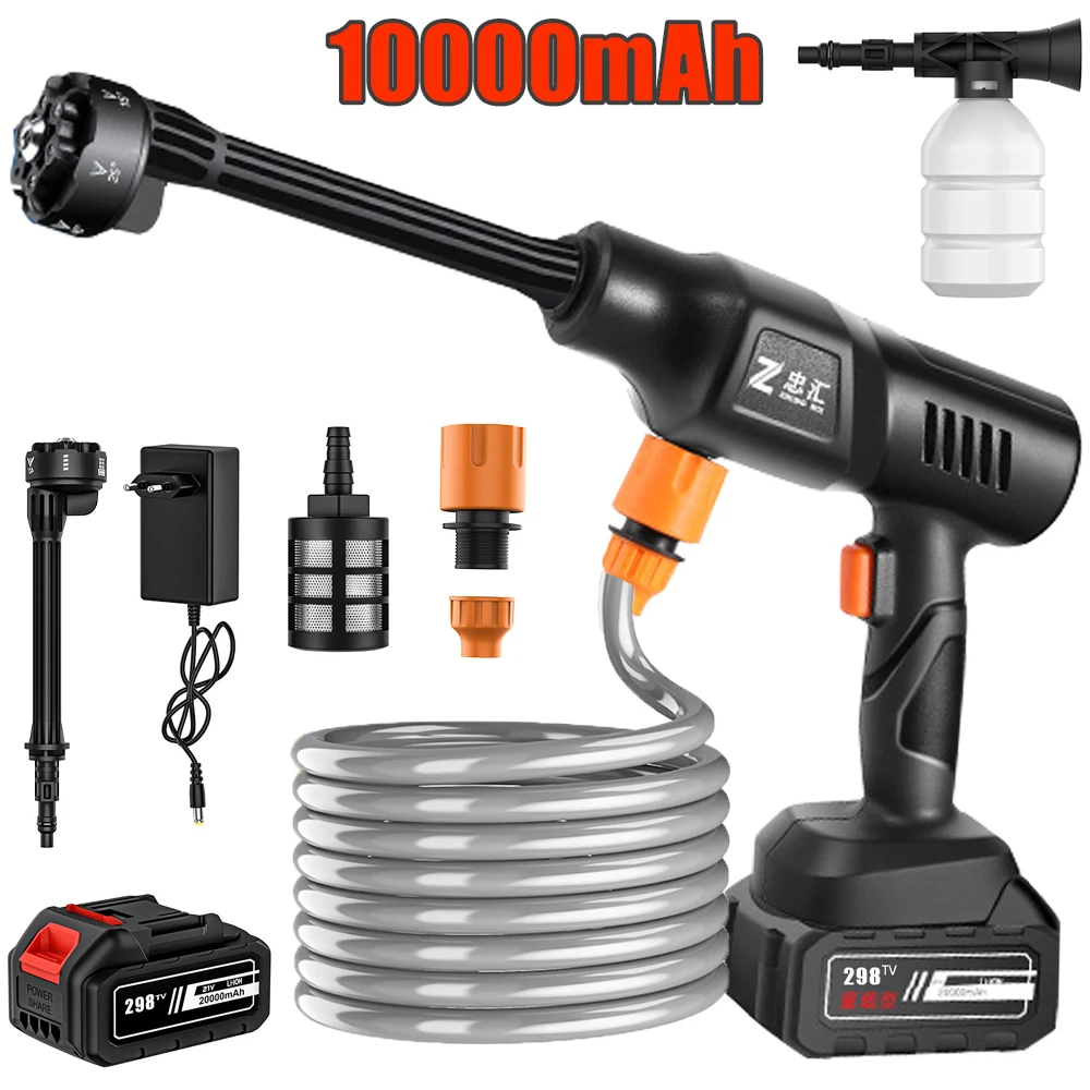 Lavatrice per auto ad alta pressione Pistola ad acqua da giardino per lavaggio auto elettrica 6 IN 1 con pistola a spruzzo a batteria al litio 21V 60Bar 800W senza spazzole