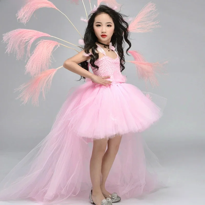 POSH DREAM różowe dziewczyny księżniczka suknie wieczorowe z pociągiem tiul jasnoróżowa wróżka moda dziewczyny urodziny suknia ślubna Tutu — zdjęcie 2