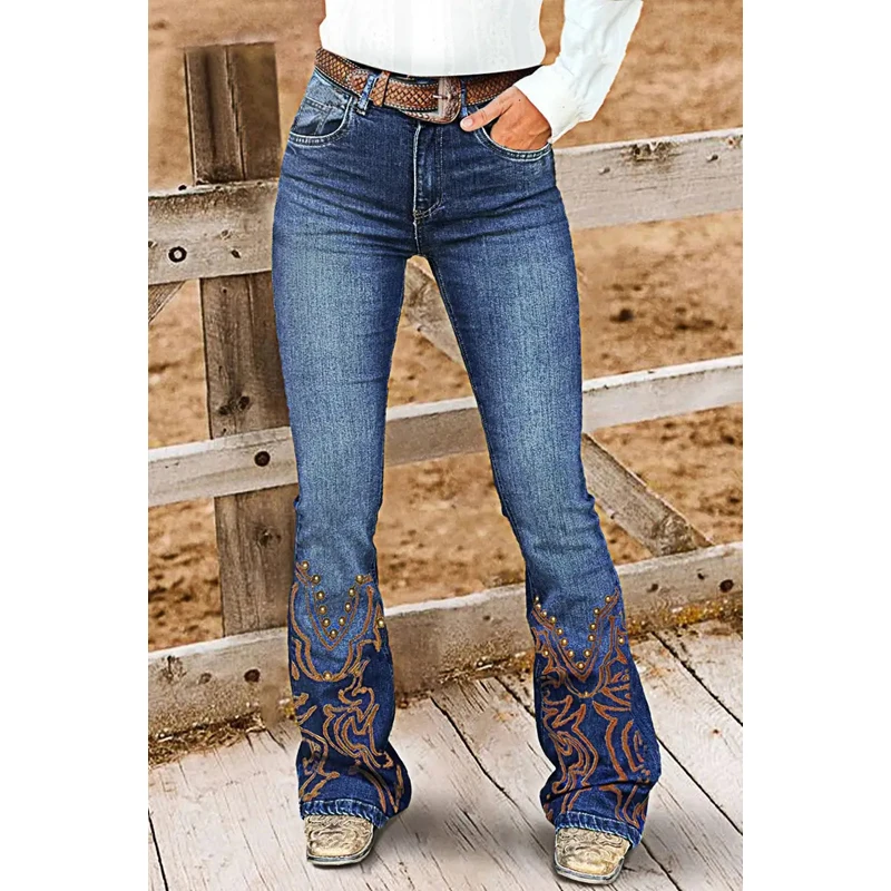 Elegant Country Wear| Distressed High Waisted Flared Cowgirl Outfit -Graphic Embroidery with Golden Studs, Casual Vintage Jeans