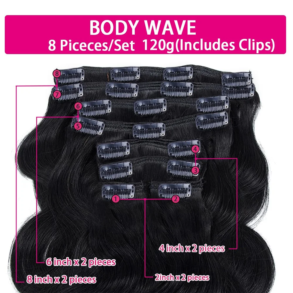 وصلات شعر بمشبك مموج 8 قطع وصلات شعر بشري مع لحمة مزدوجة لون طبيعي 120 جرام