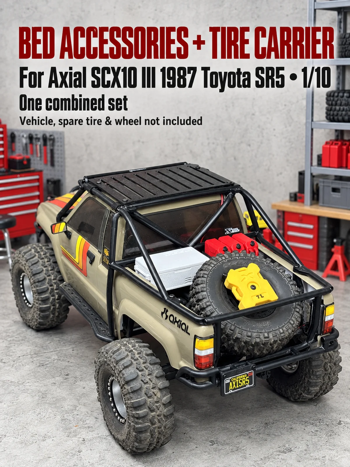 Bed Accessory Set for Axial SCX10 III 1987 Toyota SR5 1/10 RC Crawler Cooler 3 Fuel Cans 9 Drink Props Spare Tire Carrier