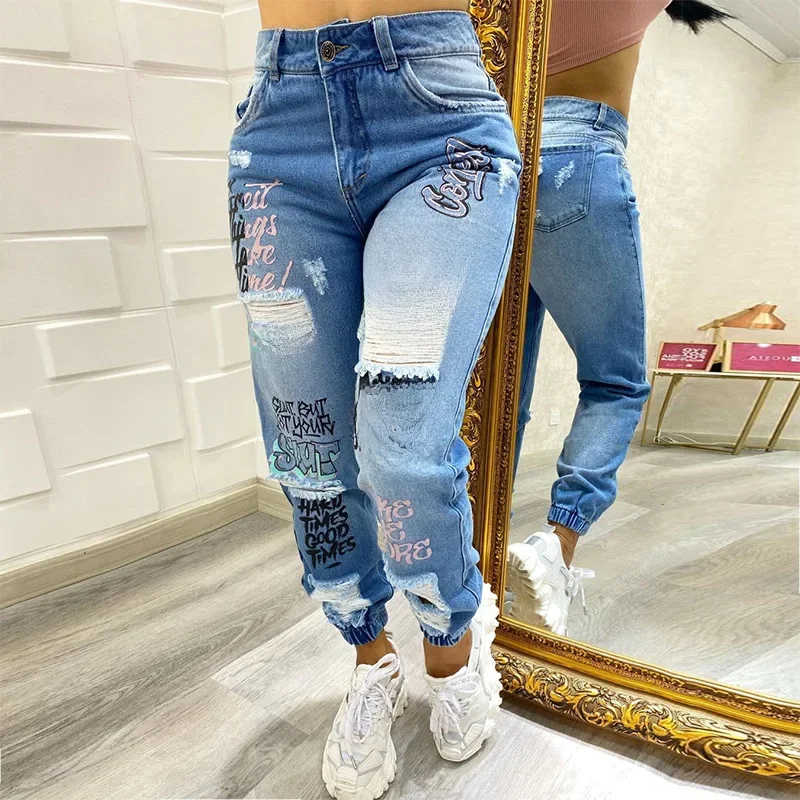 Dżinsy damskie do kostek z nadrukiem z dziurami Spodnie ołówkowe Kieszenie Pranie Slim Basics Zamek błyskawiczny Fly Spring Flat Slight Strech — zdjęcie 2