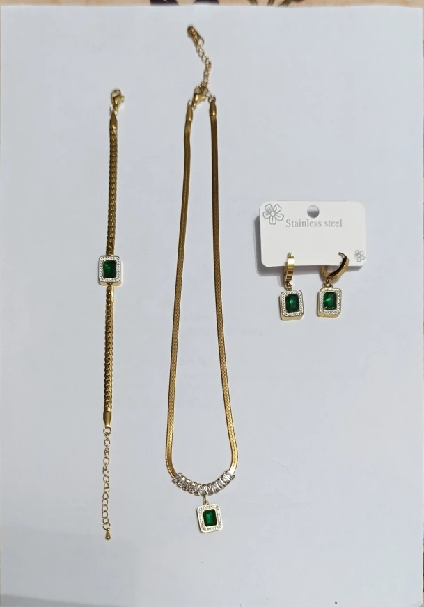DIEYURO 316L Stainless Steel Luxury Non-fading Square Green Crystal Zircon Pendant Necklace Earrings Jewelry Set For Women Gifts photo review
