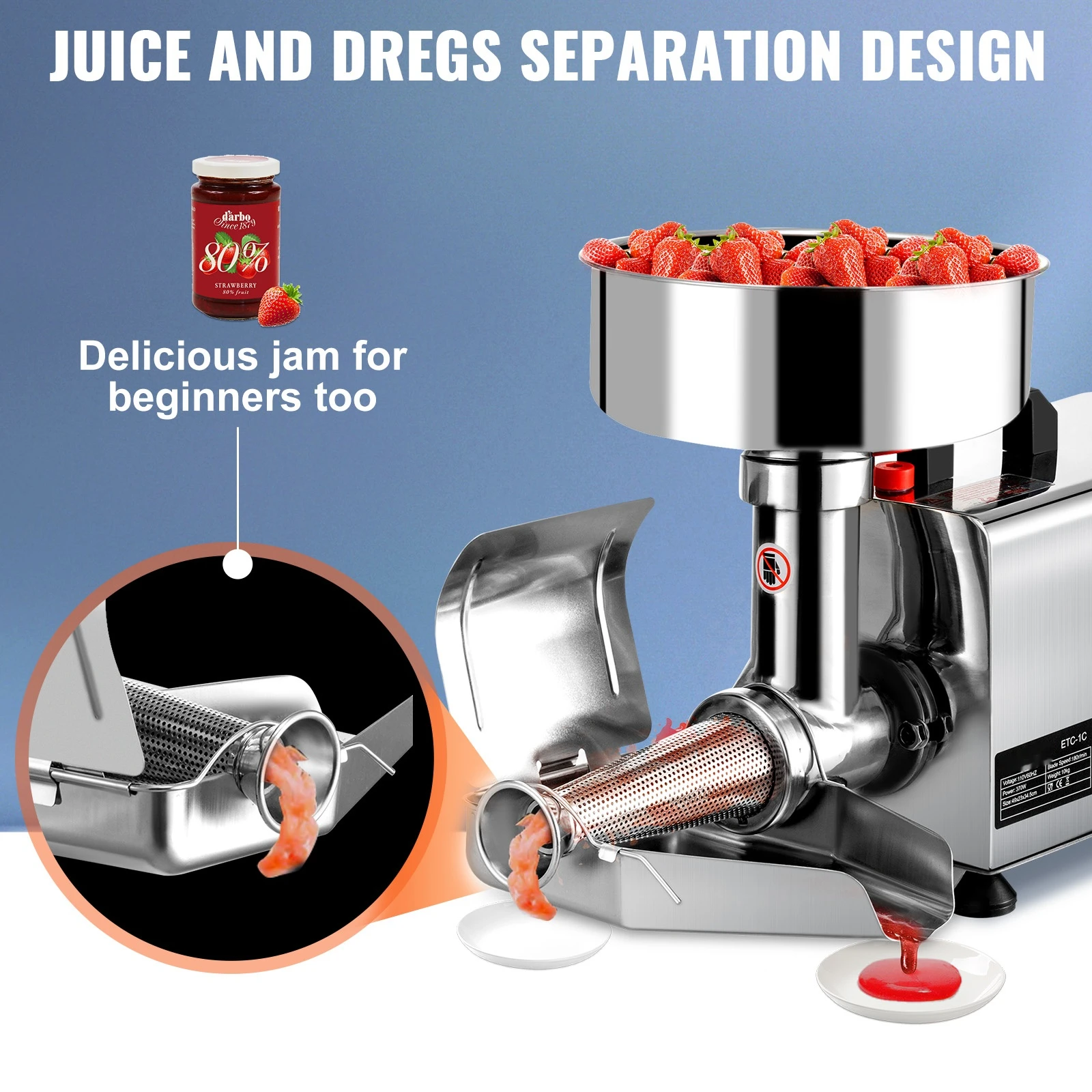 ONEHAPPY Electric Tomato Juicer, 370W High Power Stainless Steel Electric Sauce Juicer, 90-160kg/h