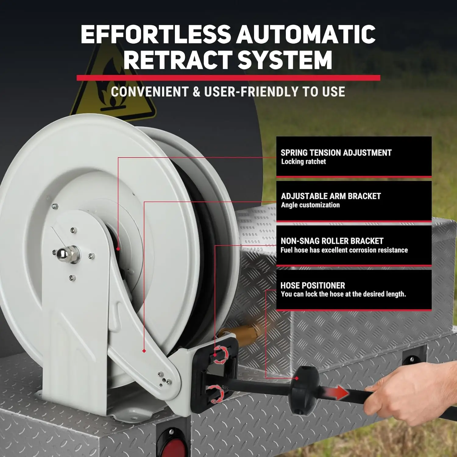 Oil Hose Reel Retractable 1/4 inch x 50 ft Hose W P 400 BAR Max 5800 PSI Adjustable Support Arm and Pipe Gripper Spring Driven Steel Construction Heavy Duty Industrial Reel for Grease, Hydraulic Oil