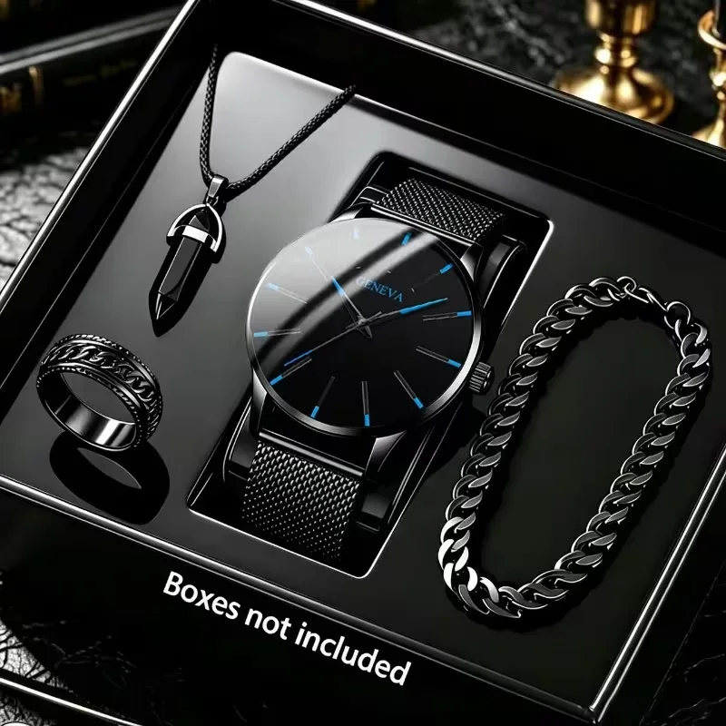 4-Piece Set of Men's Sporty, Fashionable, Casual Watches and a Set of Necklace, Bracelet, and Ring, Suitable for Daily Wear, Birthday Gifts, Back-To-School Season Decorations, Valentine's Day and Christmas Gifts, an Excellent Choice for Men